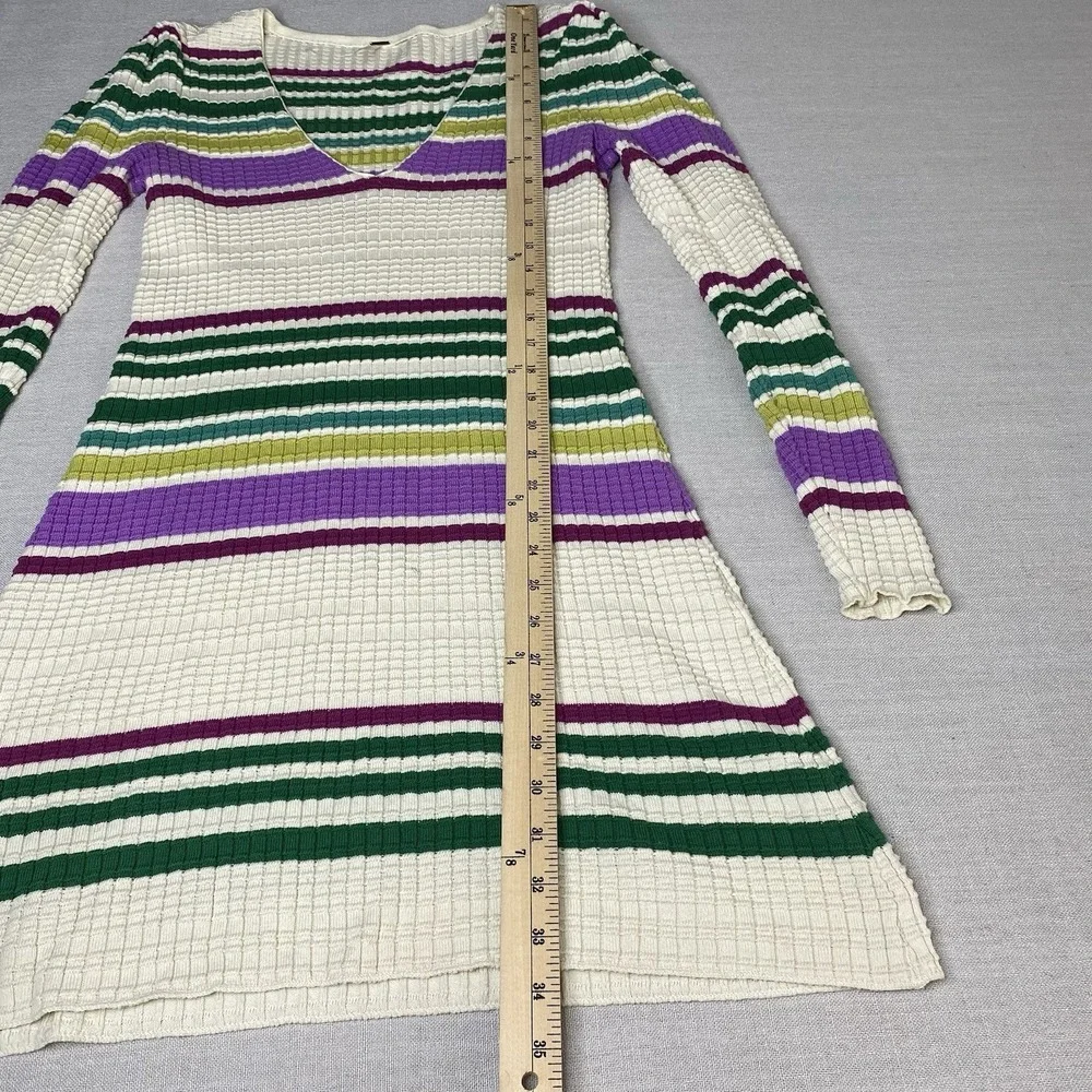 Free People XS Gidget Knit Sweater Dress V-Neck Long Sleeve Ivory Combo Striped
